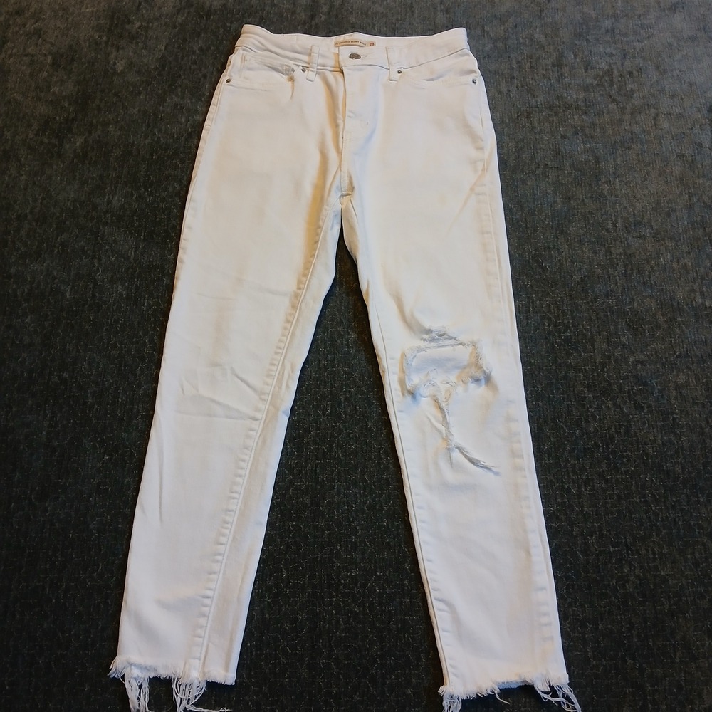 Levis 721 High Rise Skinny Ankle Jeans White Distressed Raw Hem Womens 28